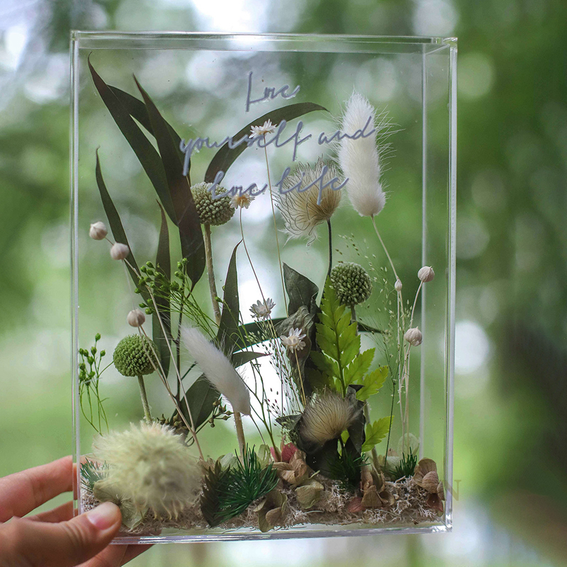 Dried Flowers Decorative Acrylic Frame Box Birthday Gift Desk Decor Preserved Flowers Bouquet